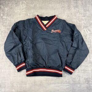 Vintage 80s Atlanta Braves Jacket Mens Large Blue Pullover Windbreaker Pockets